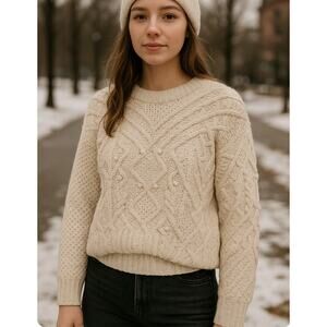 Saltwater Luxe Cream Beige Fisherman Cropped Sweater Pop Corn Pom Pom Small
